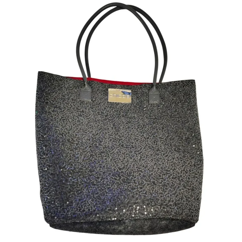 Chico's Womens Tote Bag Silver Metallic Dual Handle Pocket Sequin Large Felted